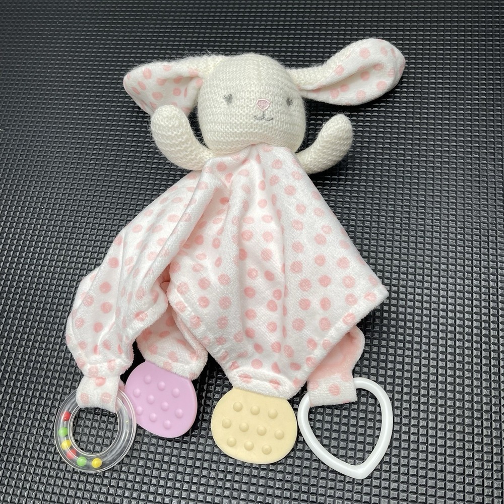 Baby Kiss Knit Bunny Rabbit Security Blanket Lovey Rattle Pink Polka Dots 12x12"